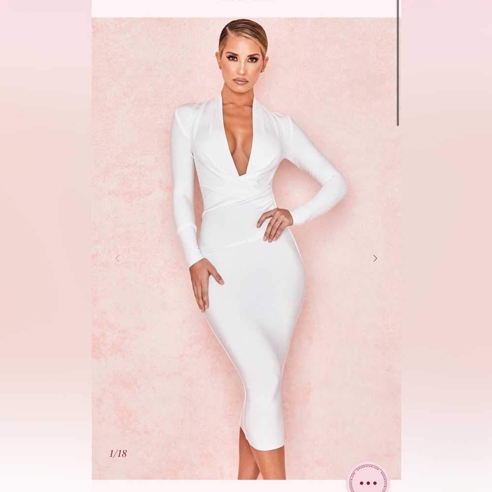 House of CB White Long Sleeve Plunge Midi Dress